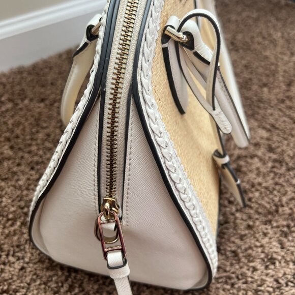 KATE SPADE White Leather Rattan Top Handle Tote Zipper Closure Crossbody Bag EUC - Picture 7 of 11